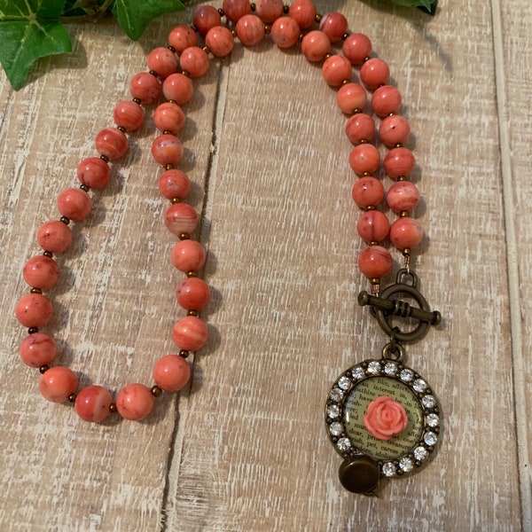 Pinkish Coral Beaded Victorian Necklace, Necklace with Front Antique Gold Toggle, Round Pendant Adorned with Crystals