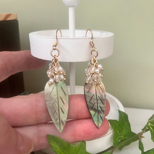 Iridescent Leaf Dangle Earrings with Crystal Like and Pearl Like Beads, on Gold Ear Wires