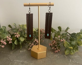 Brown Leather Bar Earrings, Dangle, Drop