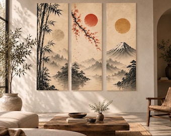 May include: A triptych wall art set featuring three vertical panels with a cohesive landscape illustration. The artwork depicts bamboo stalks, a cherry blossom branch, and a mountain peak against a beige background with circular sun motifs.