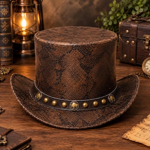 Brown Python Embossed Leather Top Hat, Gothic Steampunk Hat, Victorian Costume Hat, Unisex Alternative Fashion Hat