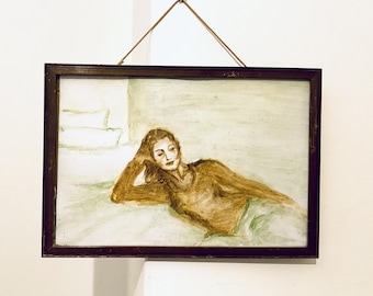 Small Gouache Painting of a Woman Lying