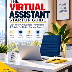 May include: A book cover titled THE VIRTUAL ASSISTANT STARTUP GUIDE with the subtitle Start Your VA Business From Home & Build a Profitable Remote Career. It features icons for skills, clients, income, and freedom, plus the text Plan, Learn, Earn, Grow.