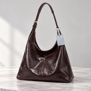 Textured Hobo Shoulder Bag with Adjustable Strap, Coffee Brown or Black, Zip Top Handbag