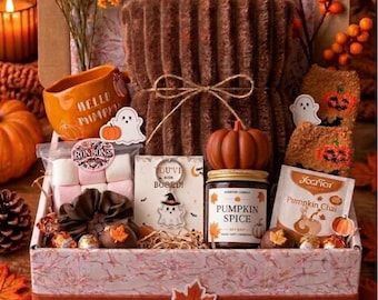 Cozy Autumn Gift Box | Pumpkin Spice Basket Tea, Blanket, Socks, Treats (Halloween)