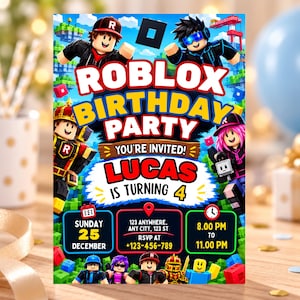 May include: A rectangular Roblox birthday party invitation card featuring blocky characters, the text ROBLOX BIRTHDAY PARTY, YOU'RE INVITED, LUCAS IS TURNING 4, and event details including Sunday 25 December, 123 Anywhere, and 8.00 PM to 11.00 PM.