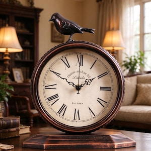 May include: A round table clock with a dark bronze finish, featuring a bird figurine on top. The off-white clock face displays black Roman numerals, ornate hands, and the text "classic au chan life", "Lithida", and "Est. 1864" in black.