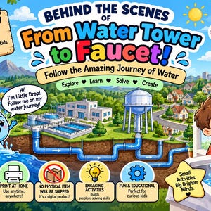 May include: A printable activity pack titled Behind the Scenes of From Water Tower to Faucet! Follow the Amazing Journey of Water. The graphic features a water treatment plant, a water tower, underground pipes, and a child at a faucet.