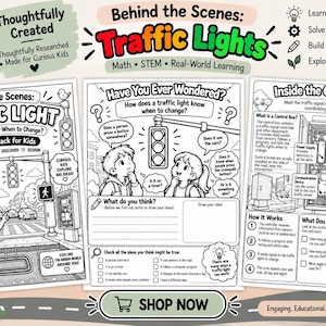 Könnte beinhalten: Ein druckbares Aktivitätspaket mit dem Titel Behind the Scenes: Traffic Lights, das schwarz-weiße Illustrationen, lehrreiche Texte und Diagramme zur Funktionsweise von Ampeln und Steuerkästen für Kinder enthält.
