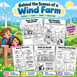 Könnte beinhalten: Ein druckbares Aktivitätsbuch mit dem Titel Behind the Scenes of a Wind Farm, das pädagogische Seiten mit Illustrationen von Windkraftanlagen, Diagrammen interner Komponenten und Erklärungen zur Windenergie für Grundschulkinder enthält.