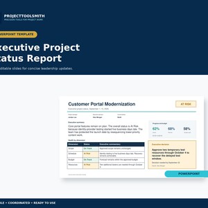 May include: A PowerPoint template for an Executive Project Status Report featuring a dark blue header with white text and a slide preview showing a Customer Portal Modernization report with progress percentages, a status table, and an At Risk label.