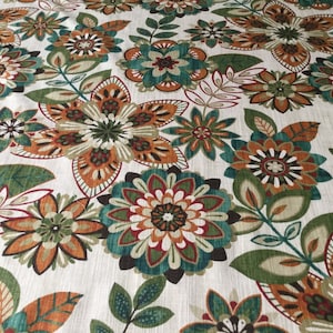 Floral fabric,green, emerald,orange,brown colors cotton drapery fabric.11 yards is stock.Pillow fabric.