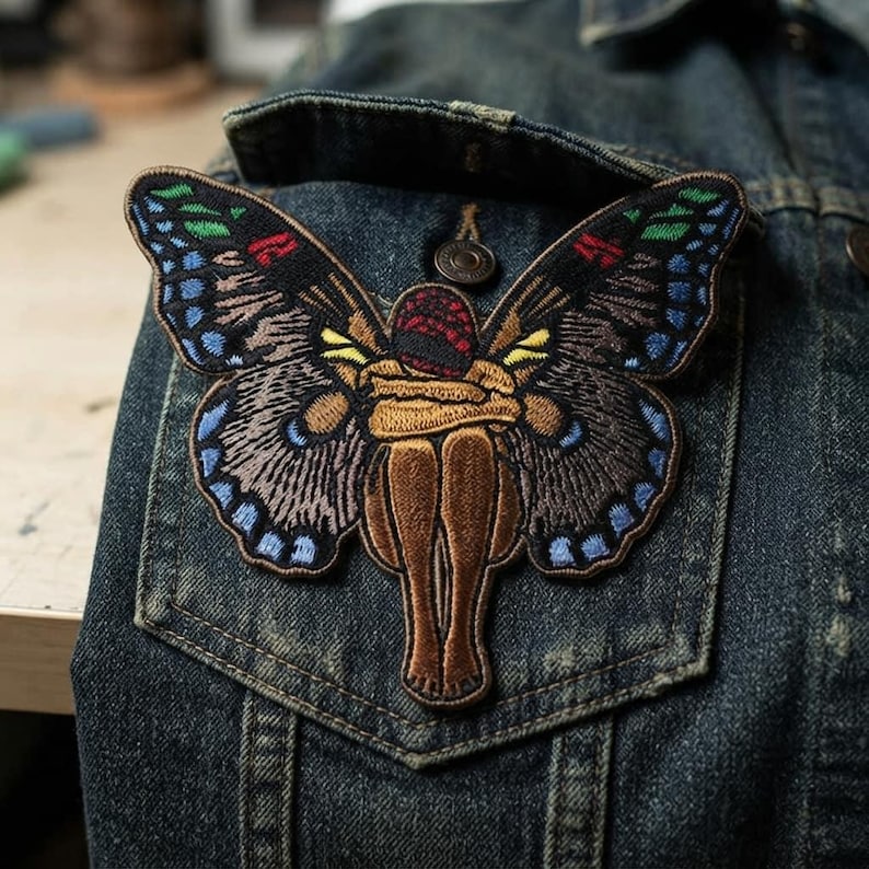 May include: An embroidered patch featuring a figure with brown skin curled into a fetal position, adorned with large, detailed butterfly wings in shades of black, blue, green, and red. The patch is attached to the pocket of a dark blue denim jacket.