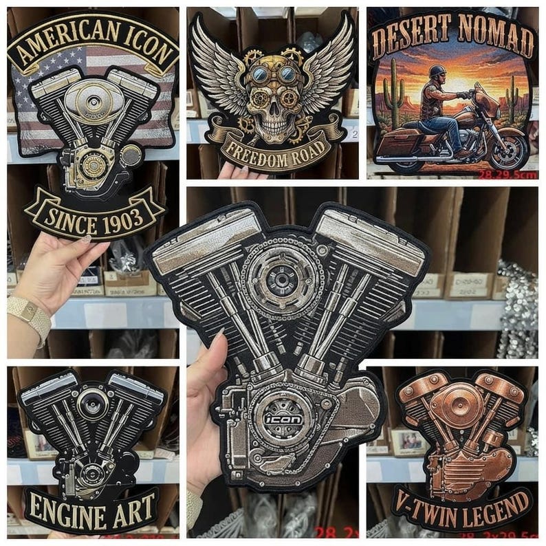 May include: A collection of embroidered patches featuring motorcycle engine designs, a skull with wings, and a desert motorcycle scene. The patches include text such as American Icon Since 1903, Freedom Road, Desert Nomad, Engine Art, and V-Twin Legend.