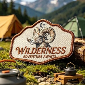 May include: An embroidered patch with a cream-coloured fabric base and a brown stitched border. It features a detailed illustration of a bighorn sheep head, a crescent moon, and a star. The text reads WILDERNESS and ADVENTURE AWAITS.