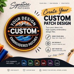 Puede incluir: Un parche bordado circular con un diseño de montaña y olas con el texto YOUR DESIGN CUSTOM EMBROIDERED PATCHES. El gráfico incluye un borde amarillo, fondo negro y detalles en naranja. El texto a la derecha explica el proceso de diseño personalizado.