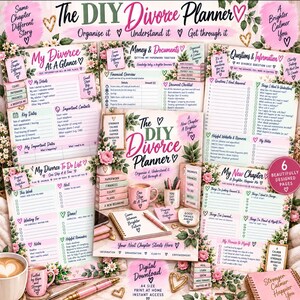 Könnte beinhalten: Eine Sammlung von sechs druckbaren Planerseiten mit dem Titel The DIY Divorce Planner, verziert mit Blumenmotiven, in Rosa- und Grüntönen, mit Abschnitten für Finanzübersichten, Dokumenten-Checklisten, Aufgabenlisten und Notizen.
