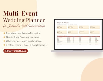 Planificador de bodas indias con múltiples eventos, control de presupuesto y lista de invitados (descarga digital)