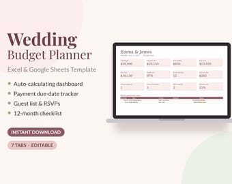 Planificador de presupuesto para bodas con hoja de cálculo, seguimiento automático, lista de invitados y confirmación de asistencia (descarga digital).