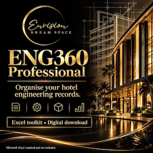 Puede incluir: Una descarga digital para registros de ingeniería hotelera titulada ENG360 Professional de Envision Dream Space. El gráfico presenta texto dorado sobre fondo negro, dibujos arquitectónicos, un hotel y una etiqueta de kit de herramientas Excel.