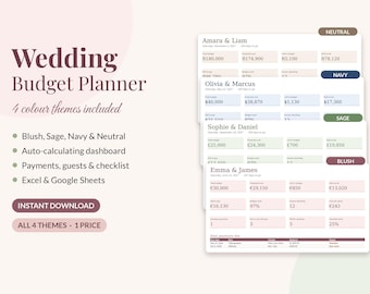 Paquete de planificador de presupuesto para bodas, 4 temas de color, plantilla para Google Sheets y Excel (descarga digital)