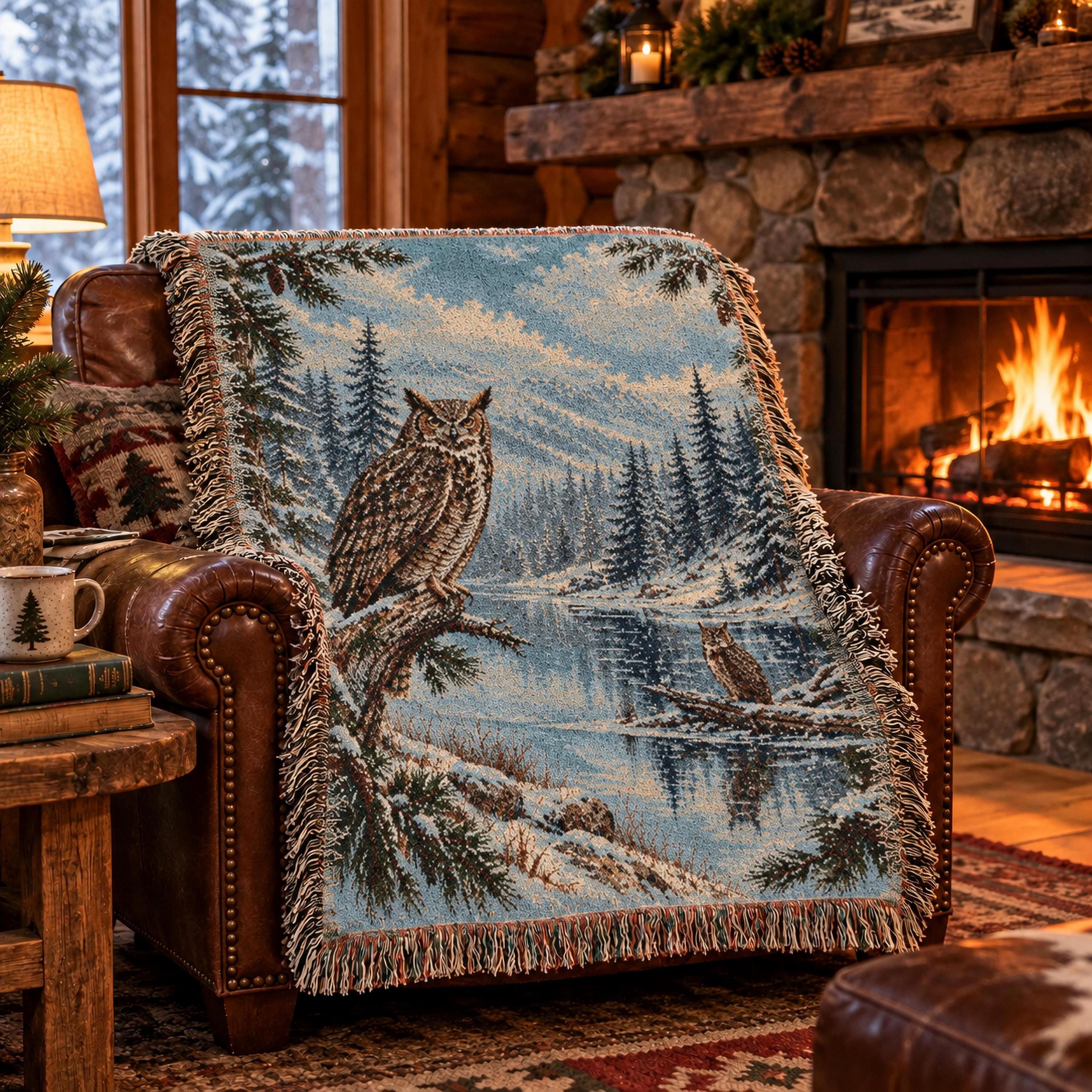 Snowy Owl Mountain Lake Scene Woven Blanket