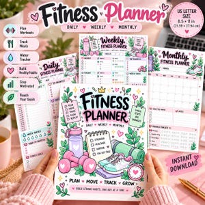 Op de afbeelding: Een Fitness Planner met dagelijkse, wekelijkse en maandelijkse secties. De omslag bevat illustraties van een waterfles, roze dumbbells, een yogamat, sneakers en een klok. Tekst bevat Fitness Planner, Plan, Move, Track, Grow en 21,59 x 27,94 cm.