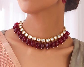 KIA Gold Plated Kundan Bloody Red Beaded Choker Necklace,Handcrafted jewelry,Wedding jewelry gift,Indian Jewelry,Gift For Her,Custom jewelry