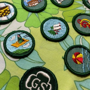 Op de afbeelding: Een verzameling Girl Scout-badges met verschillende activiteiten en prestaties. De badges zijn rond en hebben een groene rand met een witte achtergrond. De badges tonen verschillende activiteiten, waaronder vliegeren, muziek maken en zwemmen.