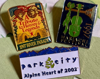 VINTAGE Souvenir Lapel Pins | Park City Alpine Heart | Mariachi Festival | River Parade | S78