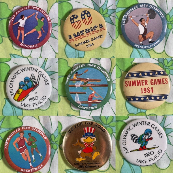 VINTAGE 1980's Olympics Pinback Buttons | 1980 Lake Placid 1984 Los Angeles | 20F