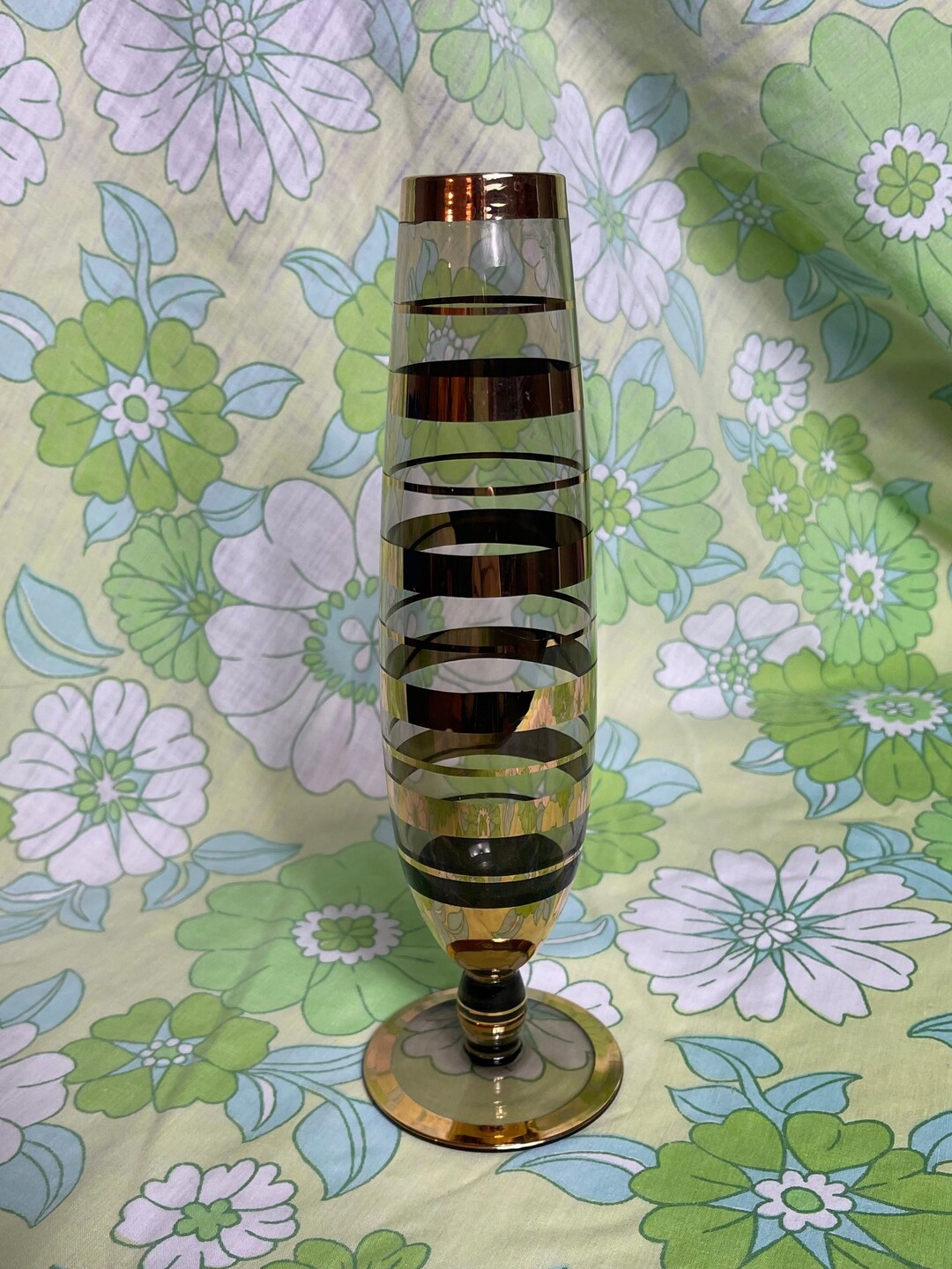 VINTAGE Smokey Glass Vase Gold Tone Stripes Bud Vase Etsy