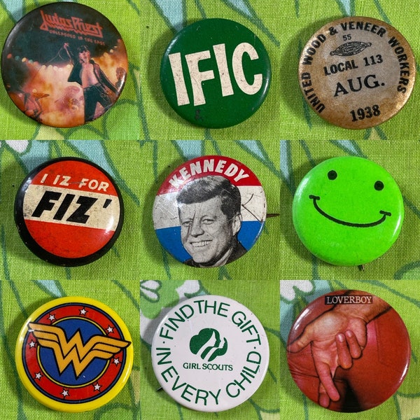 VINTAGE Small Pin Back Buttons | S46 | JFK | Girl Scouts | Judas Priest | Loverboy