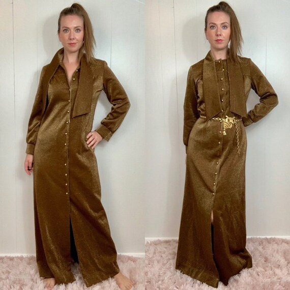 VINTAGE CARON Gold Long Sleeve Maxi Dress | Medium