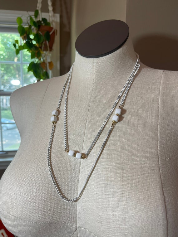 VINTAGE Long White Chain Necklace | Beaded | S45 - image 3