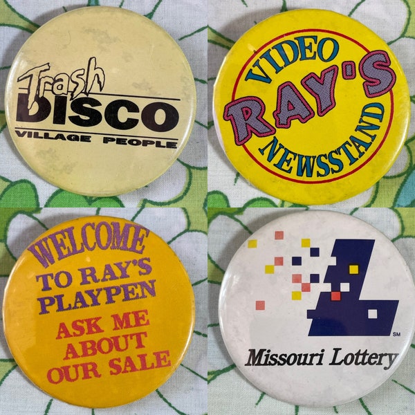 VINTAGE Pinback Buttons | 22F | Missouri Lottery | Trash Disco Village People | Ray's Play Pen