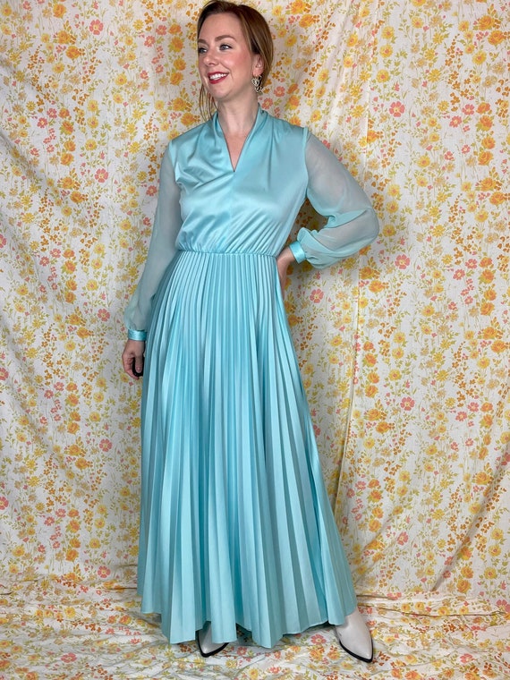 SIZE M/L Vintage Pleated Maxi Dress Sheer Sleeves G8 - Etsy