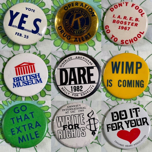 VINTAGE Pinback Buttons | 7A | Travel | Political | Human Rights