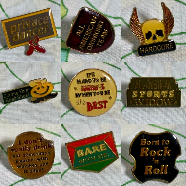 VINTAGE Funny Enamel Lapel Pins | Funny Phrases and Sayings | R29