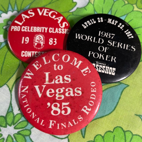 VINTAGE 1980's Las Vegas Pinback Buttons | Pro Celebrity Classic | National Finals Rodeo | World Series of Poker | 10E