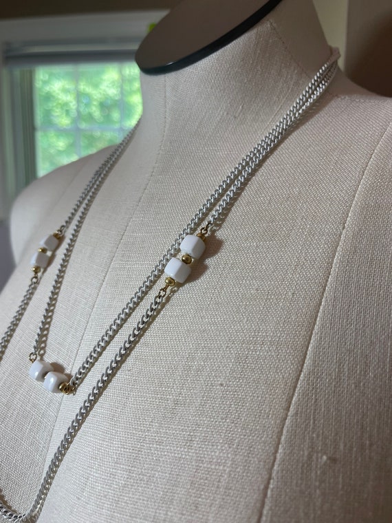 VINTAGE Long White Chain Necklace | Beaded | S45 - image 1
