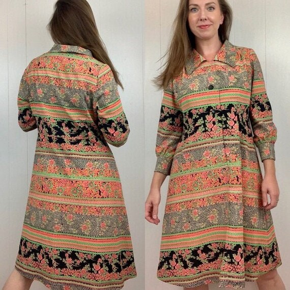 VINTAGE Multi-Colored Floral Collared Dress | 1960