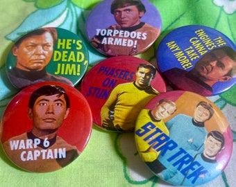 VINTAGE Star Trek Small Pins / Pinback Buttons | Q47 | Warp 6 Captain | Torpedoes Armed! | Phasers on Stun
