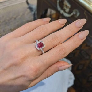 4.70 Ct Natural Red Ruby  & Diamond Engagement Ring Solid 14k White Gold Emerald Cut Vintage Style Bridal, Anniversary Gift for her
