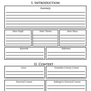 Puede incluir: Una hoja de estudio blanca con texto y líneas negras. El encabezado incluye campos para Category, Date, Book of y Passage. Las secciones incluyen I. Introduction con Summary, Main People, Main Themes, Main Places, Keywords, References y II. Context con Genre, Immediate Literary Context, Historical Context y Redemptive Historical Context.