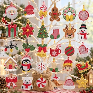 May include: A collection of embroidered Christmas ornaments featuring various holiday icons including Santa, a gingerbread man, a snowman, a reindeer, a penguin, a red sleigh, a candy cane, a wreath, a gift box, a bell, and a star.