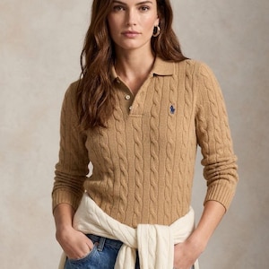 Wool Cable Knit Polo Sweater, Pullover jumper, Long Sleeve Casual Knit Top