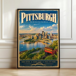 Pittsburgh Pennsylvania Vintage Travel Poster, Three Rivers Skyline Wall Art Print