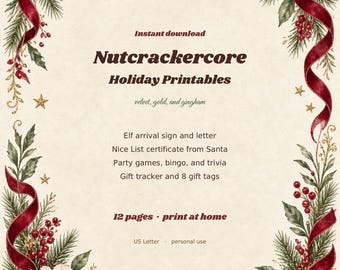 Könnte beinhalten: Ein digitales Weihnachts-Druckset mit cremefarbenem Hintergrund und rotem Vichy-Karo-Rand, verziert mit goldenen Schnörkeln, Tannenzweigen, roten Beeren und rosa Rosen. Der Text enthält Nutcrackercore Holiday Printables und 12 Seiten.