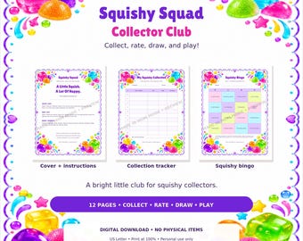 Könnte beinhalten: Ein digitales Squishy Squad Collector Club Download-Set mit 12 Seiten, inklusive Deckblatt, Anleitung, Sammel-Tracker und Bingo-Spiel. Das Design zeigt bunte Squishy-Spielzeuggrafiken, violetten Text und einen dekorativen Rand.